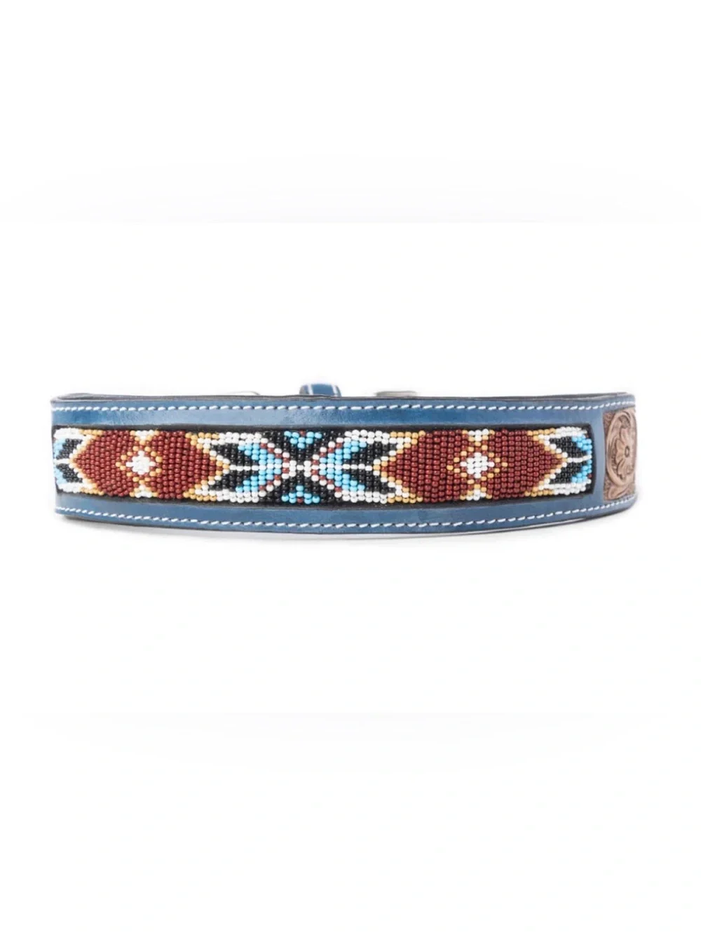 Myra RUNNING FREE BEADED HERITAGE DOG COLLAR IN BROWN TOOLED LEATHER L 18-22”